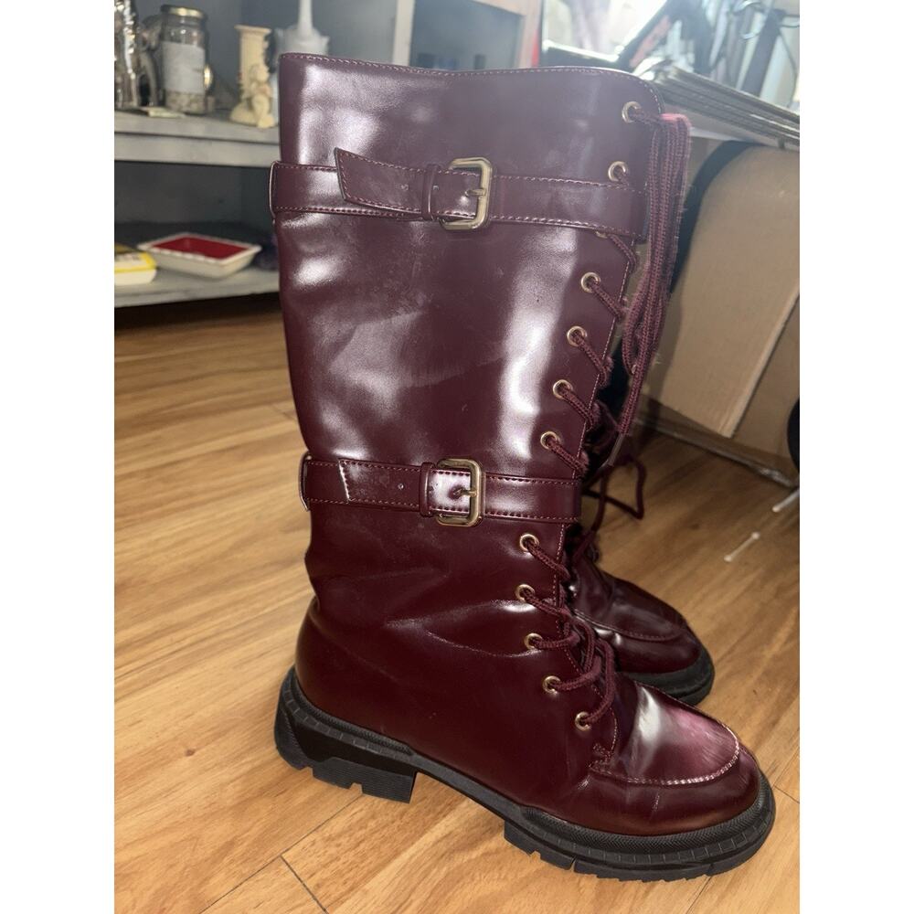 Womens New Shoedazzle Gabrela Lace-Up Flat Boot Color: Oxblood